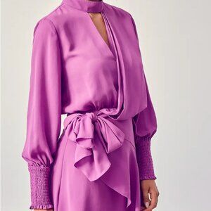 Electric Purple Wrap Dress with Bishop Sleeves and Mock Neck